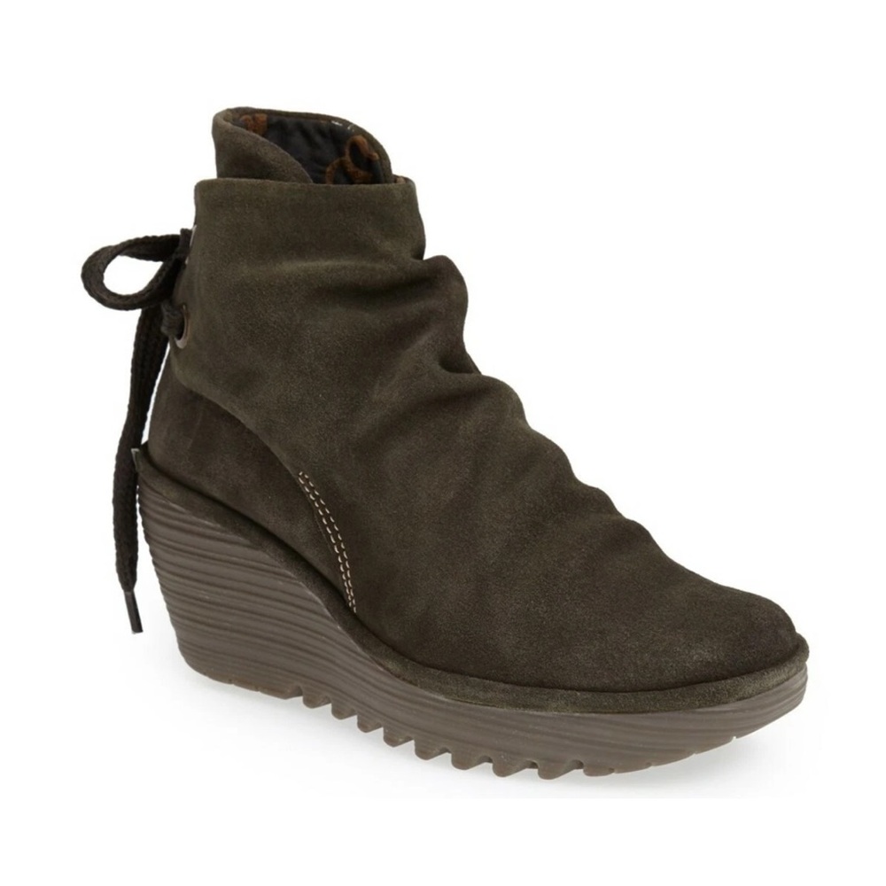 FLY LONDON SHOES YAMA SLUDGE GREEN SUEDE BOOTIES PLATFORM WEDGE ANKLE BOOT